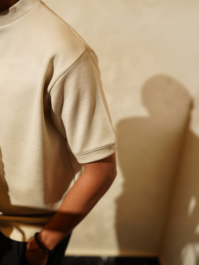 Pure Wool Ivory Mock Neck T-Shirt