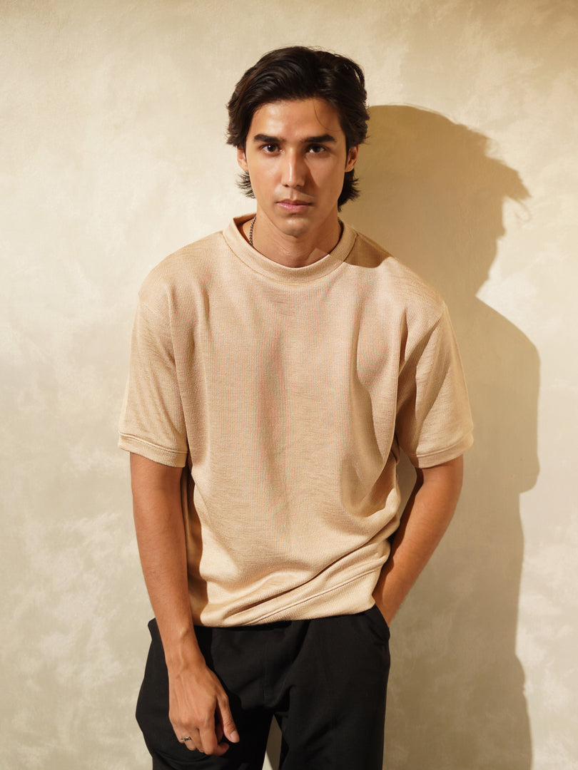 Pure Wool Champagne Mock Neck T-Shirt