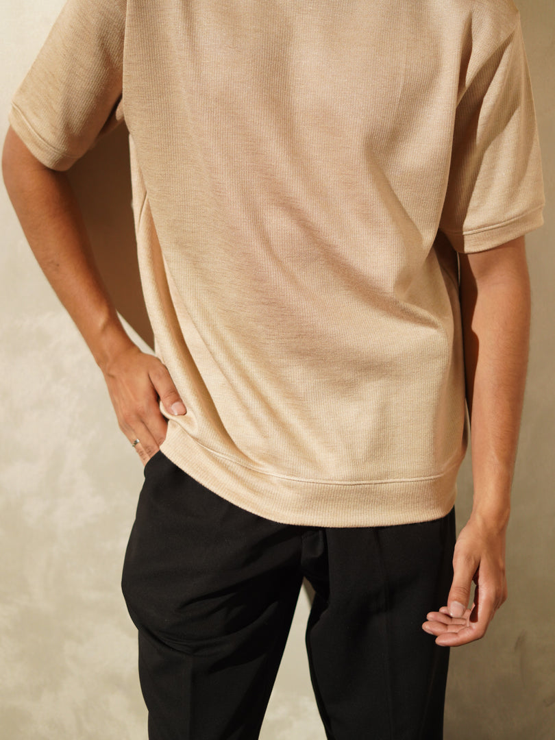 Pure Wool Champagne Mock Neck T-Shirt