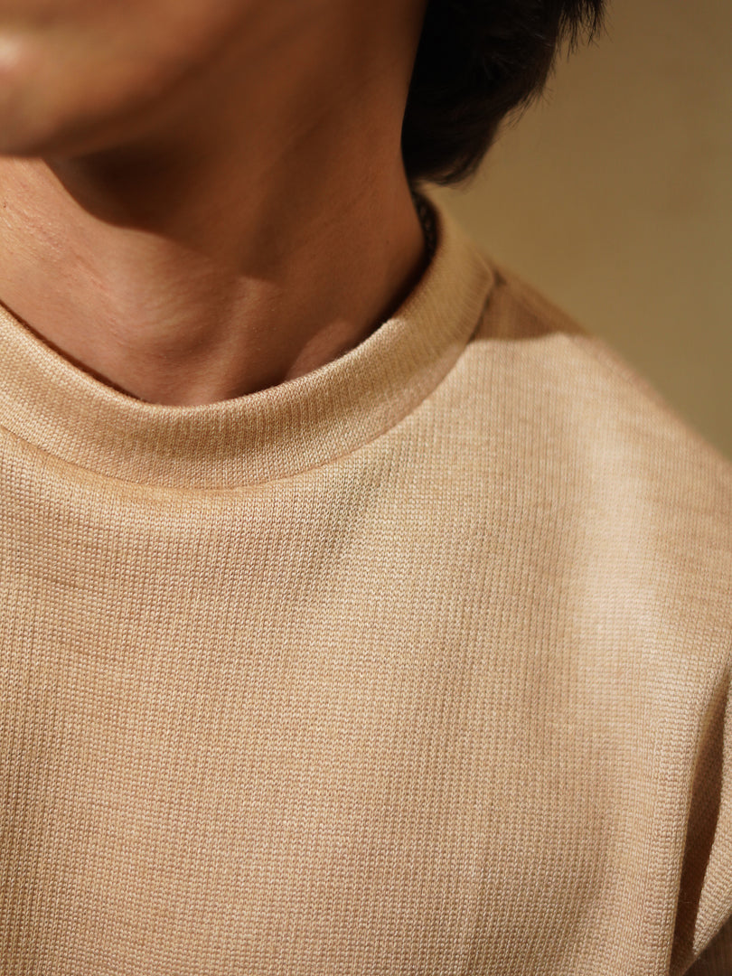 Pure Wool Champagne Mock Neck T-Shirt